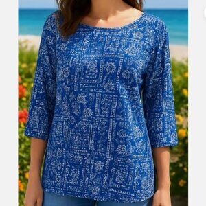 Woman Within Plus Size Tunic Top 1X 22/24 Blue Floral 3/4 Sleeve Lightweight